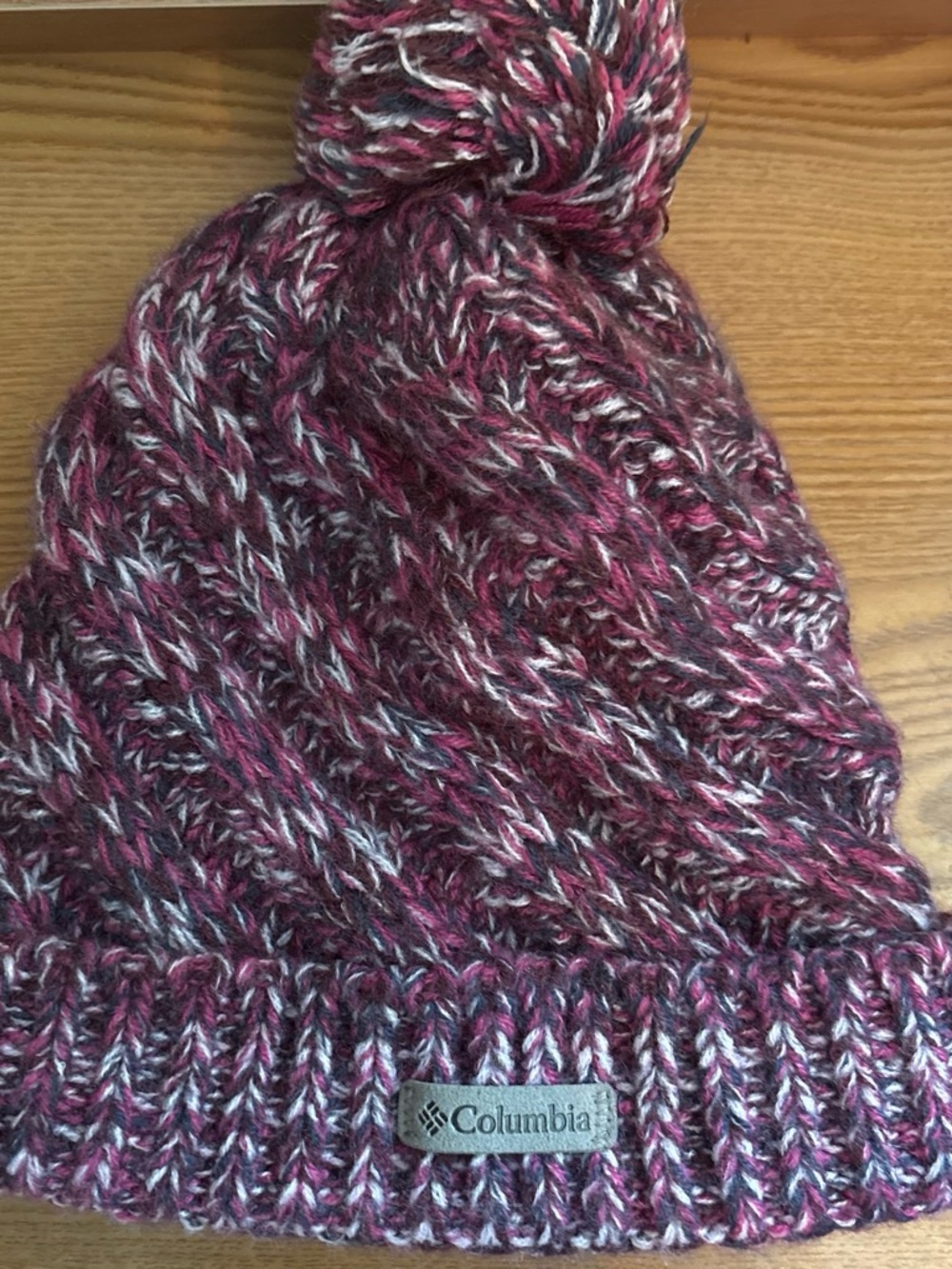 Columbia Marled Knit Pom Beanie in Berry, Gray, and Cream